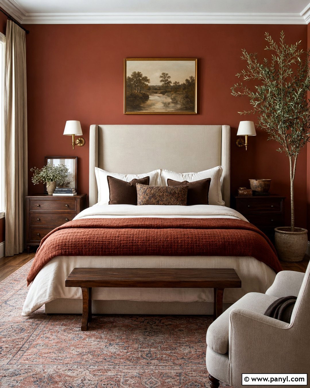 Dark Terra Cotta Bedroom With Walnut Furniture - 30 terra cotta wall color ideas