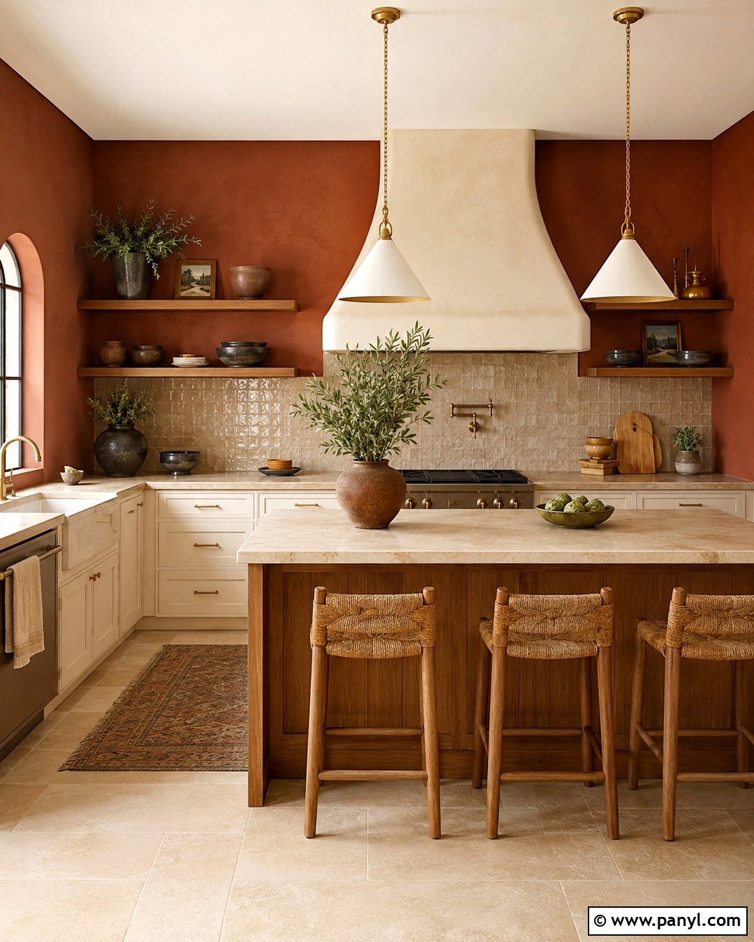 Dark Terracotta Kitchen Wall With Cream Cabinets - 20 dark wall in kitchen ideas