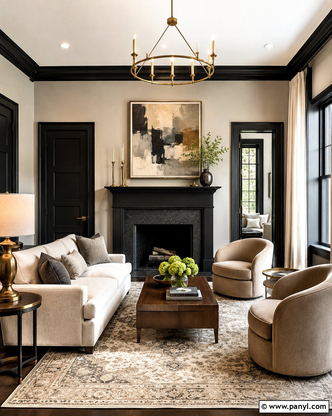 Dark Trim Transitional Living Room - 40 dark trim light walls