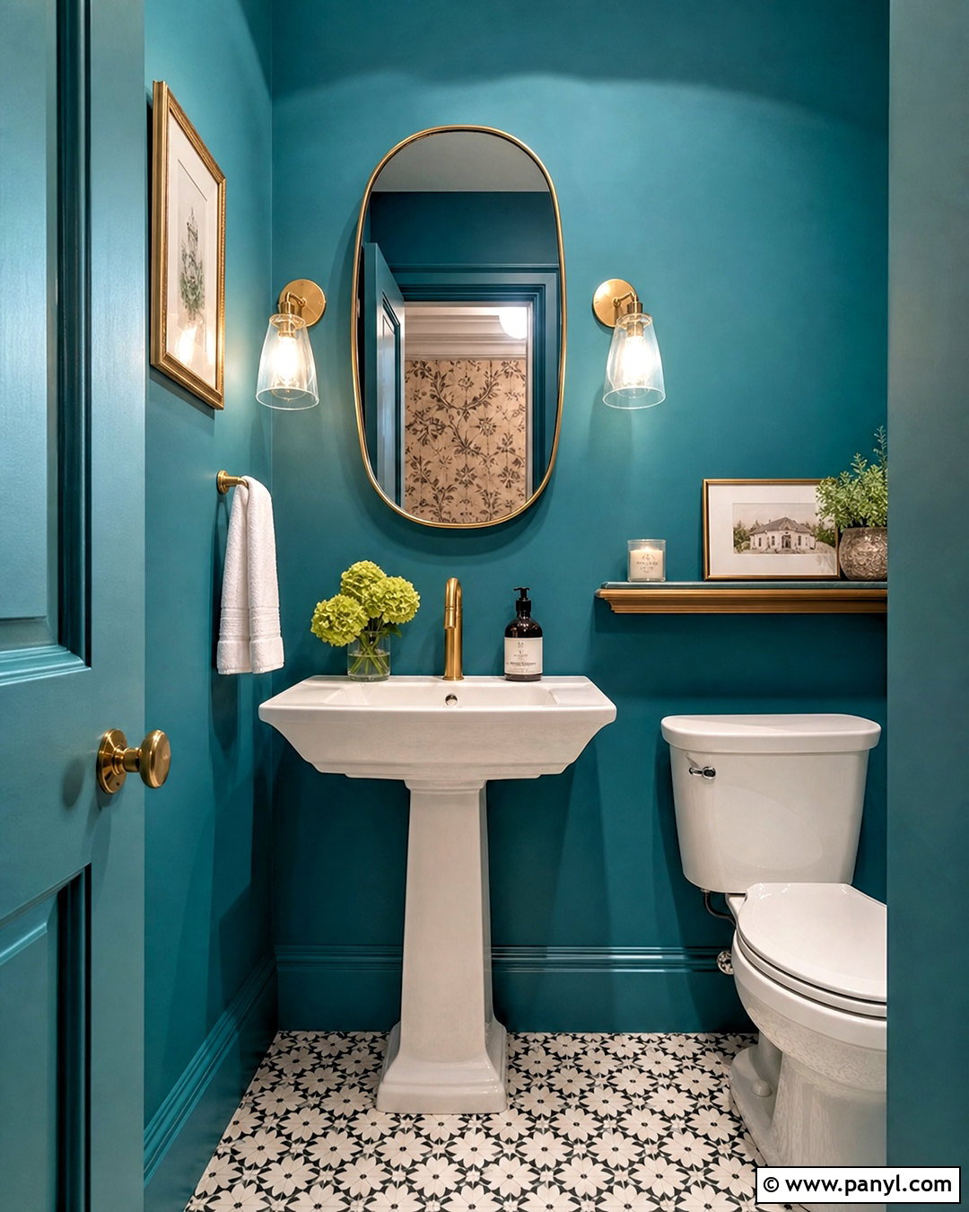 Dark Turquoise Powder Room Walls With Gold Fixtures - 20 turquoise walls