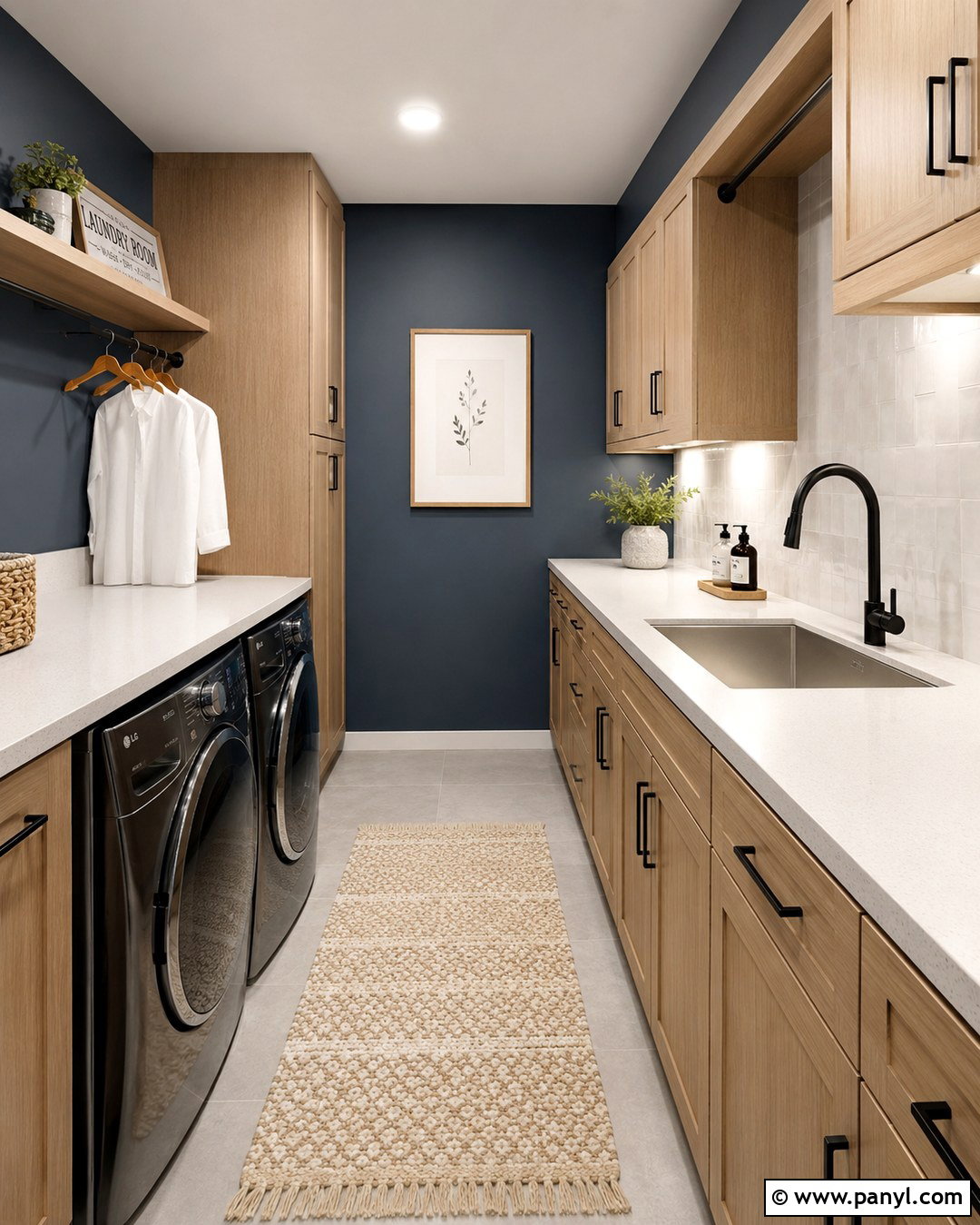 Dark Wall Laundry Room With Light Oak Cabinets - 20 Dark Wall Laundry Room Ideas