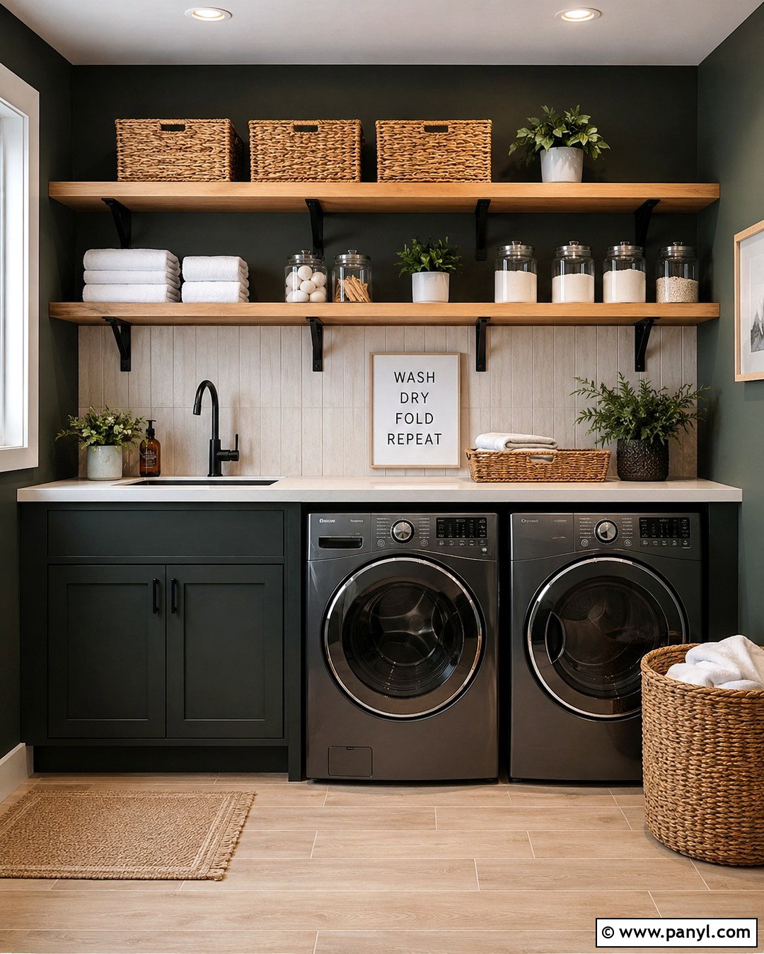 Dark Wall Laundry Room With Open Shelving - 20 Dark Wall Laundry Room Ideas