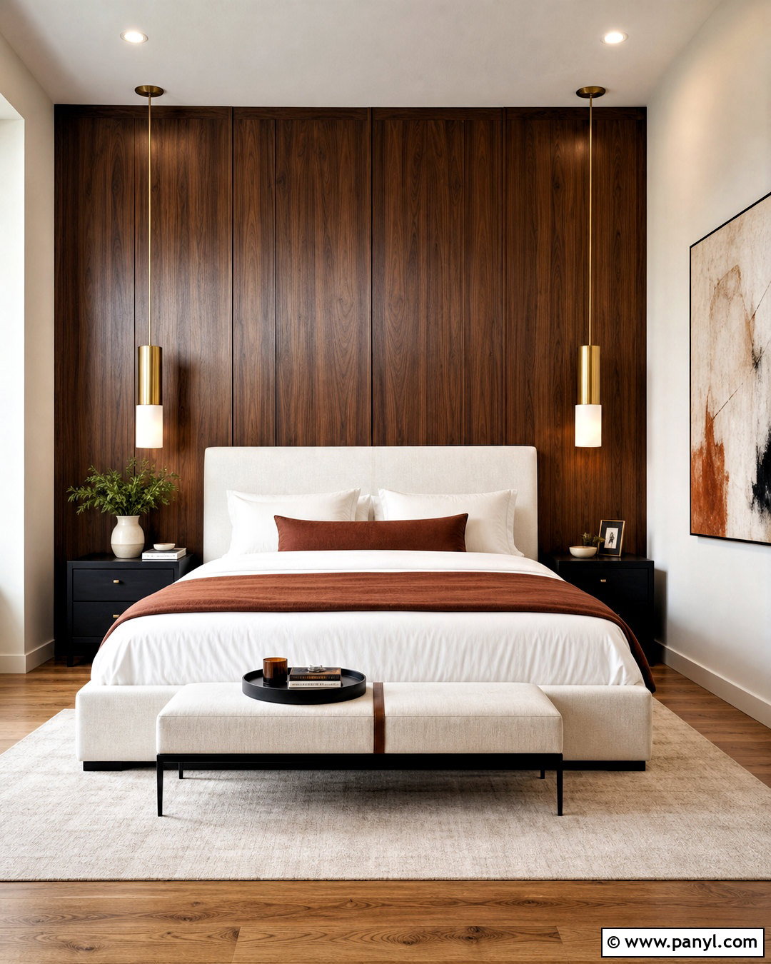 Dark Walnut Wood Accent Wall - 20 wood accent wall bedroom ideas