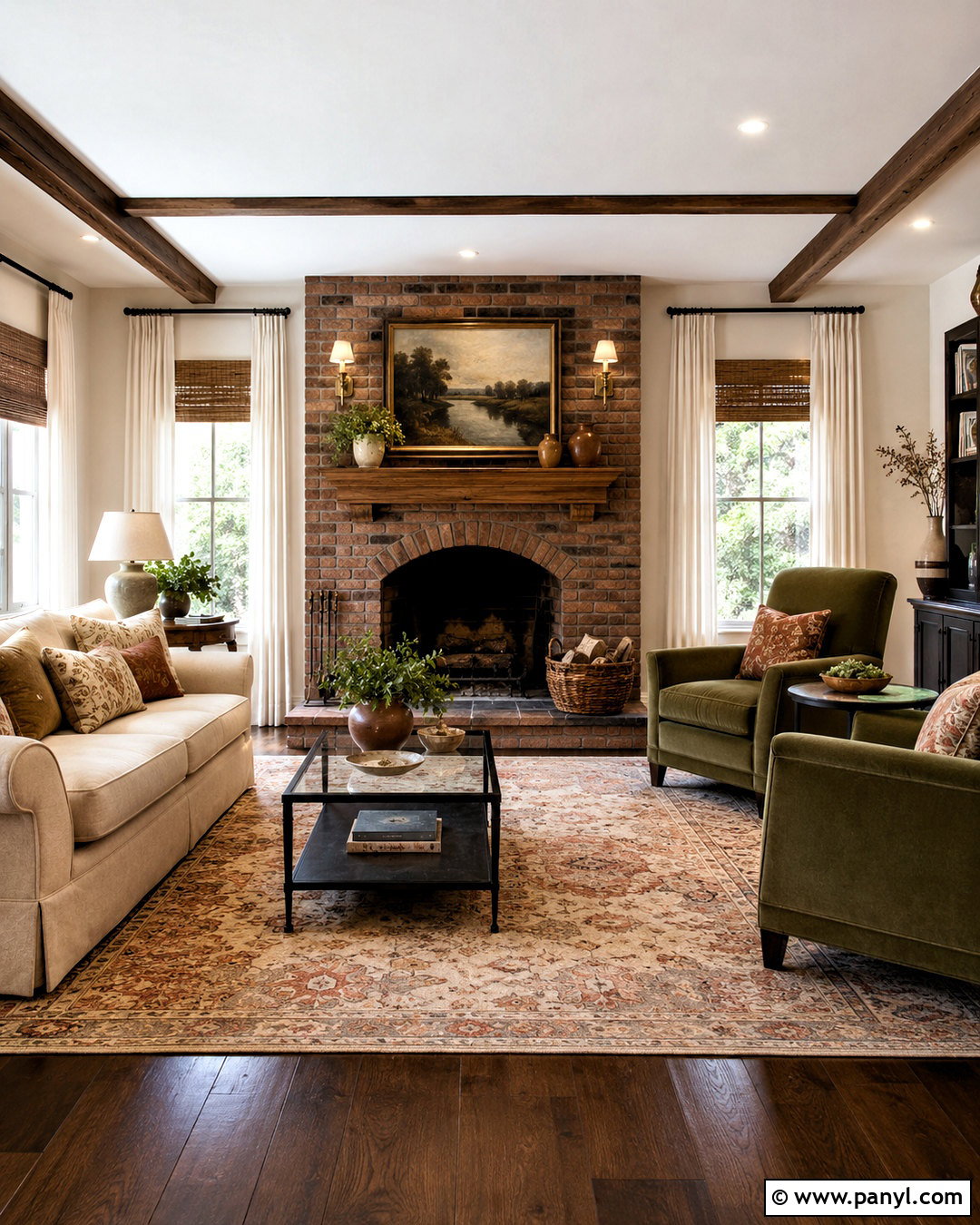 Dark Wood Floor Living Room With Brick Fireplace - 20 dark wooden floor living room ideas