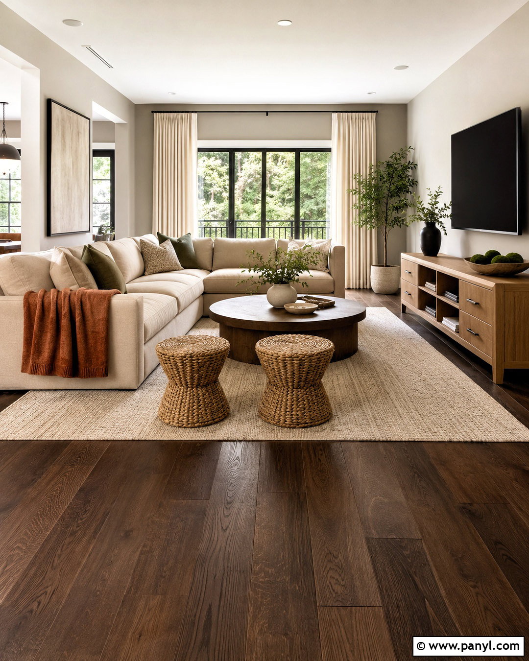 Dark Wood Floors With a Beige Sectional - 20 dark wood floors living room decor ideas