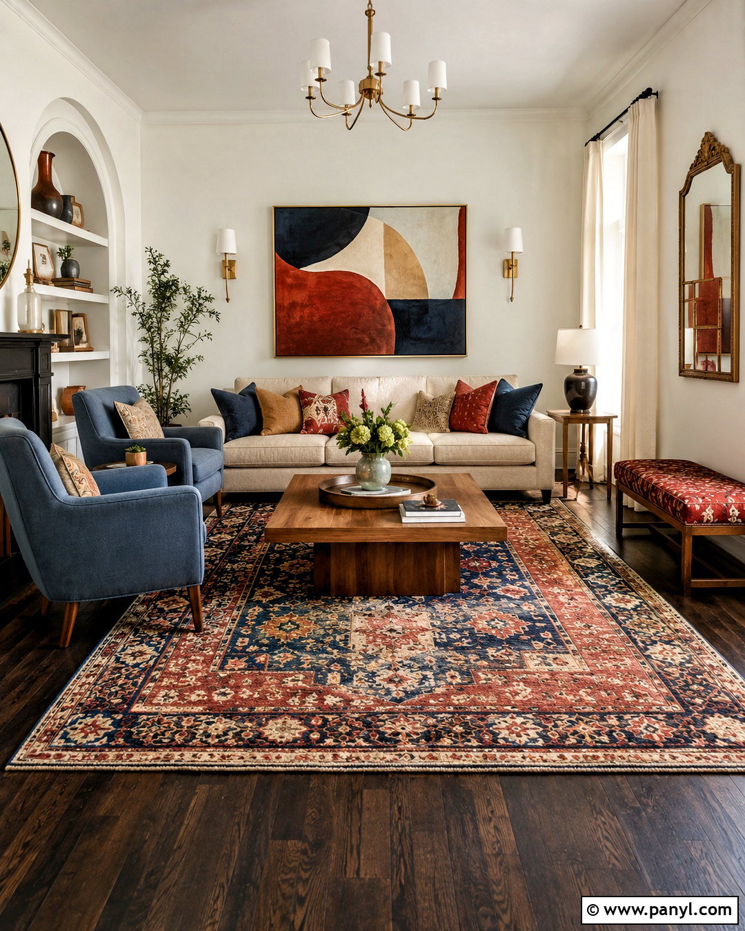 Dark Wood Floors With a Colorful Rug - 20 dark wood floors living room decor ideas