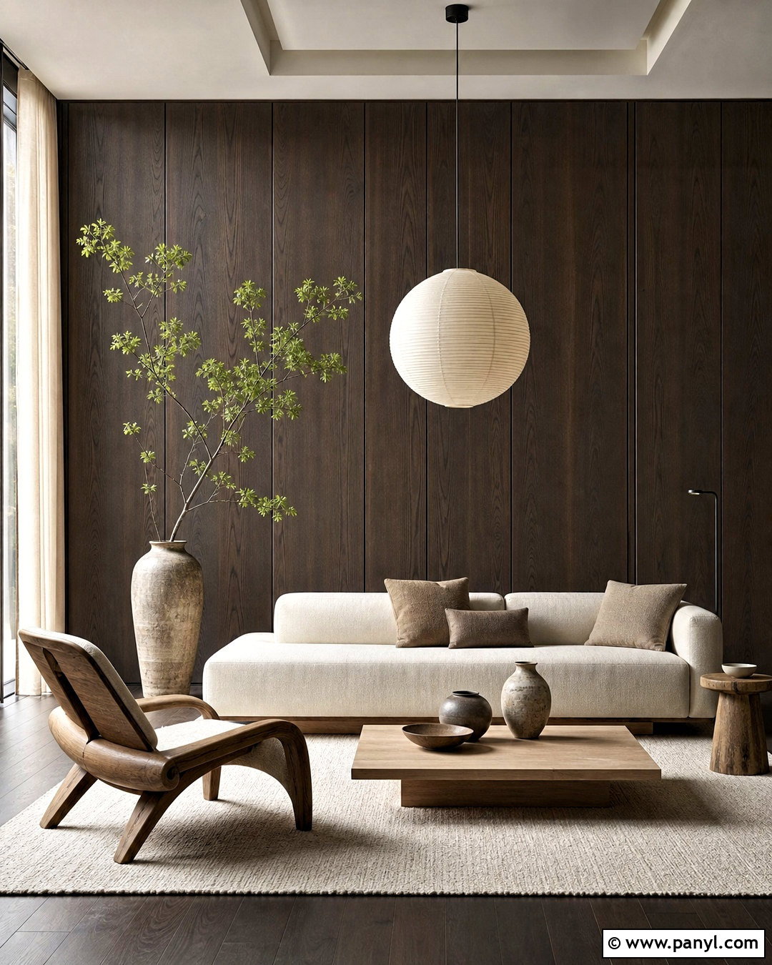 Dark Wood Japandi Living Room - 20 dark wood walls