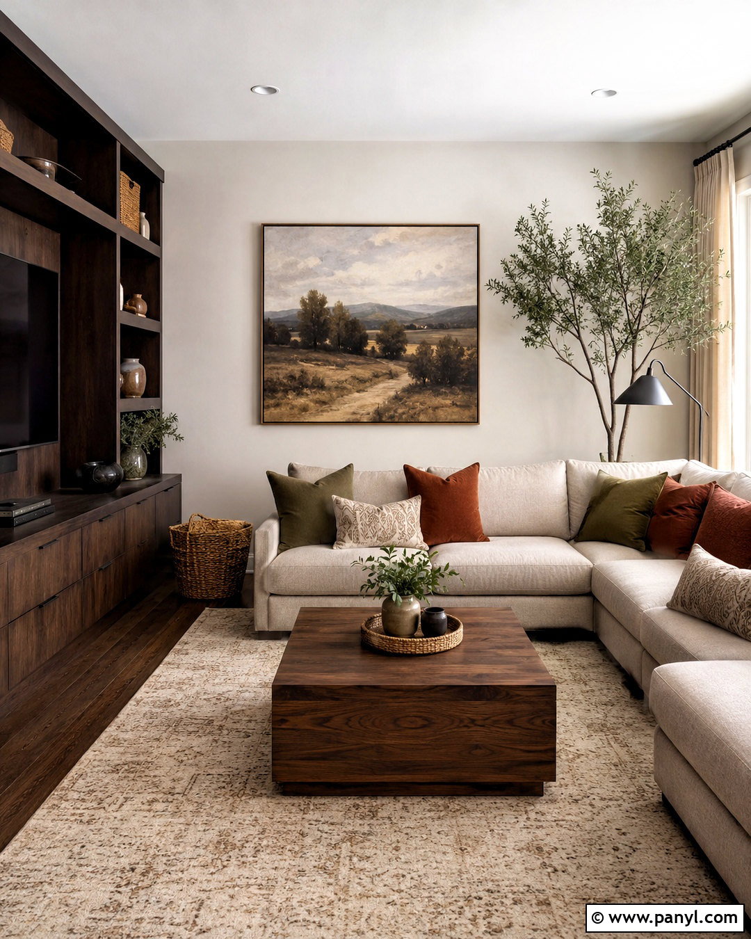 Dark Wood Living Room With Beige Sectional - 20 dark wood living room decor ideas