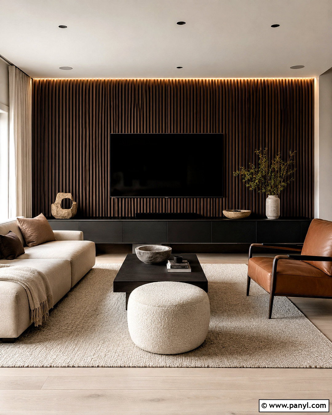 Dark Wood Slat TV Wall - 20 dark tv wall living room ideas