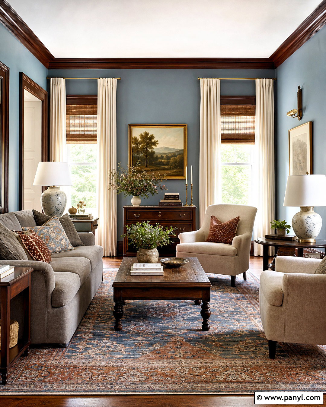 Dark Wood Trim With Dusty Blue Walls - 20 dark wood trim living room ideas