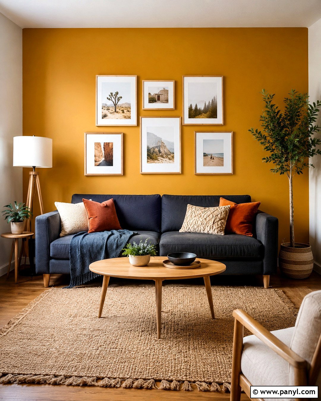 Dark Yellow Accent Wall With Gray Sofa - 20 Dark Yellow Wall Paint Ideas