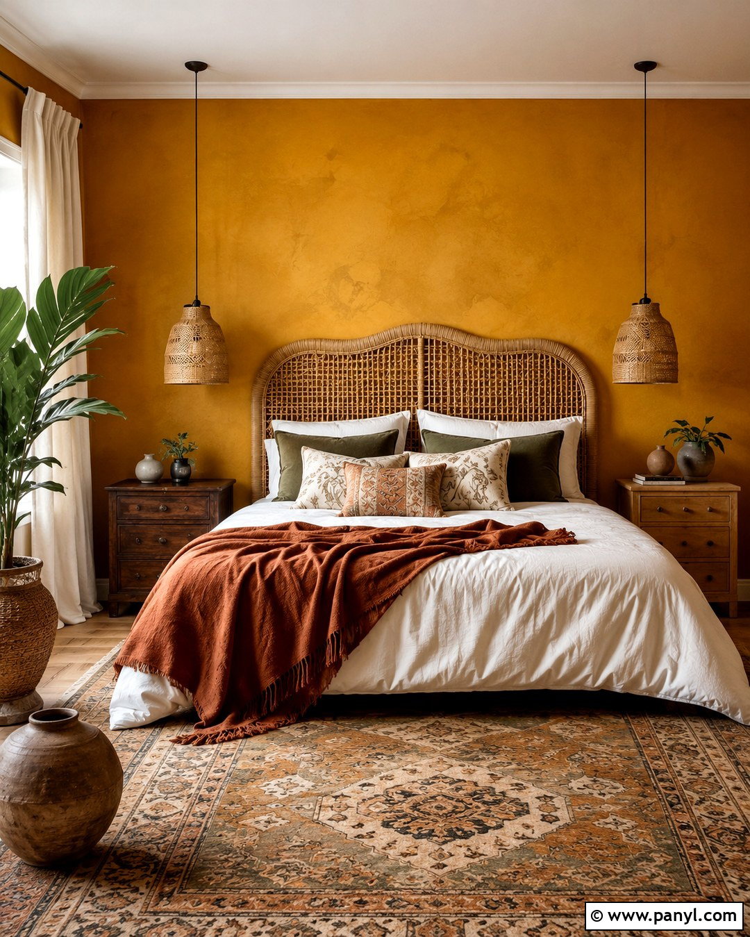 Dark Yellow Boho Bedroom With Rattan Decor - 20 Dark Yellow Wall Paint Ideas