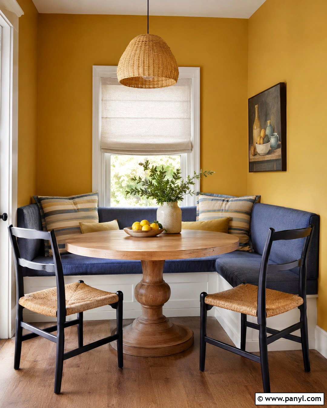 Dark Yellow Breakfast Nook With Blue Seating - 20 Dark Yellow Wall Paint Ideas