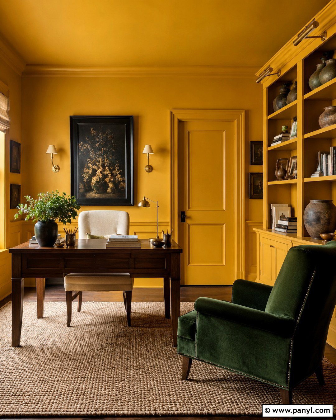 Dark Yellow Color-Drenched Study - 20 Dark Yellow Wall Paint Ideas