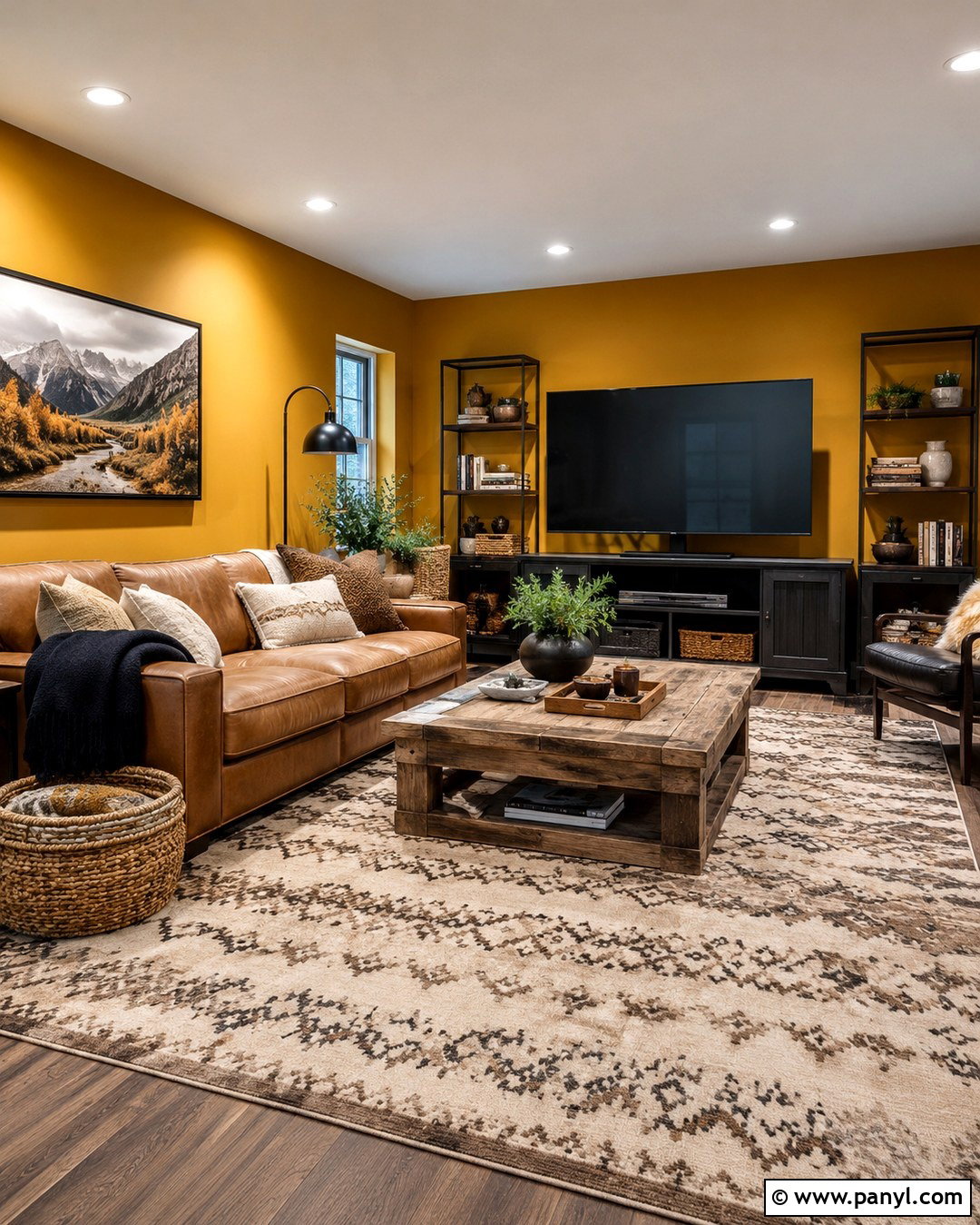 Dark Yellow Family Room With Brown Leather Sofa - 20 Dark Yellow Wall Paint Ideas