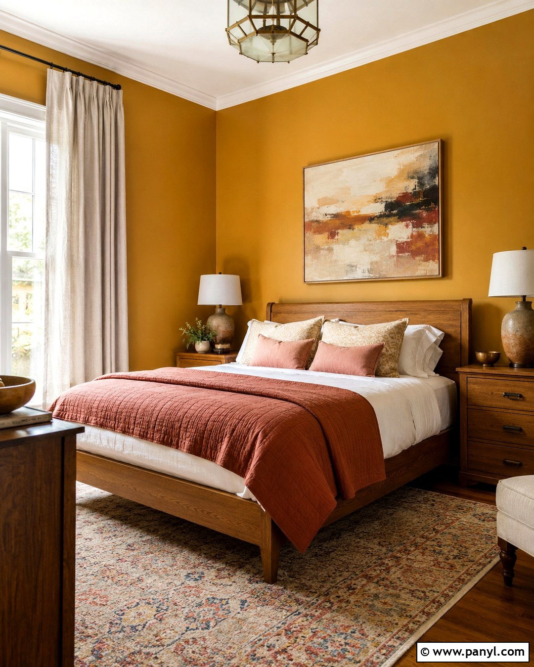 Dark Yellow Guest Room With Terracotta Bedding - 20 Dark Yellow Wall Paint Ideas