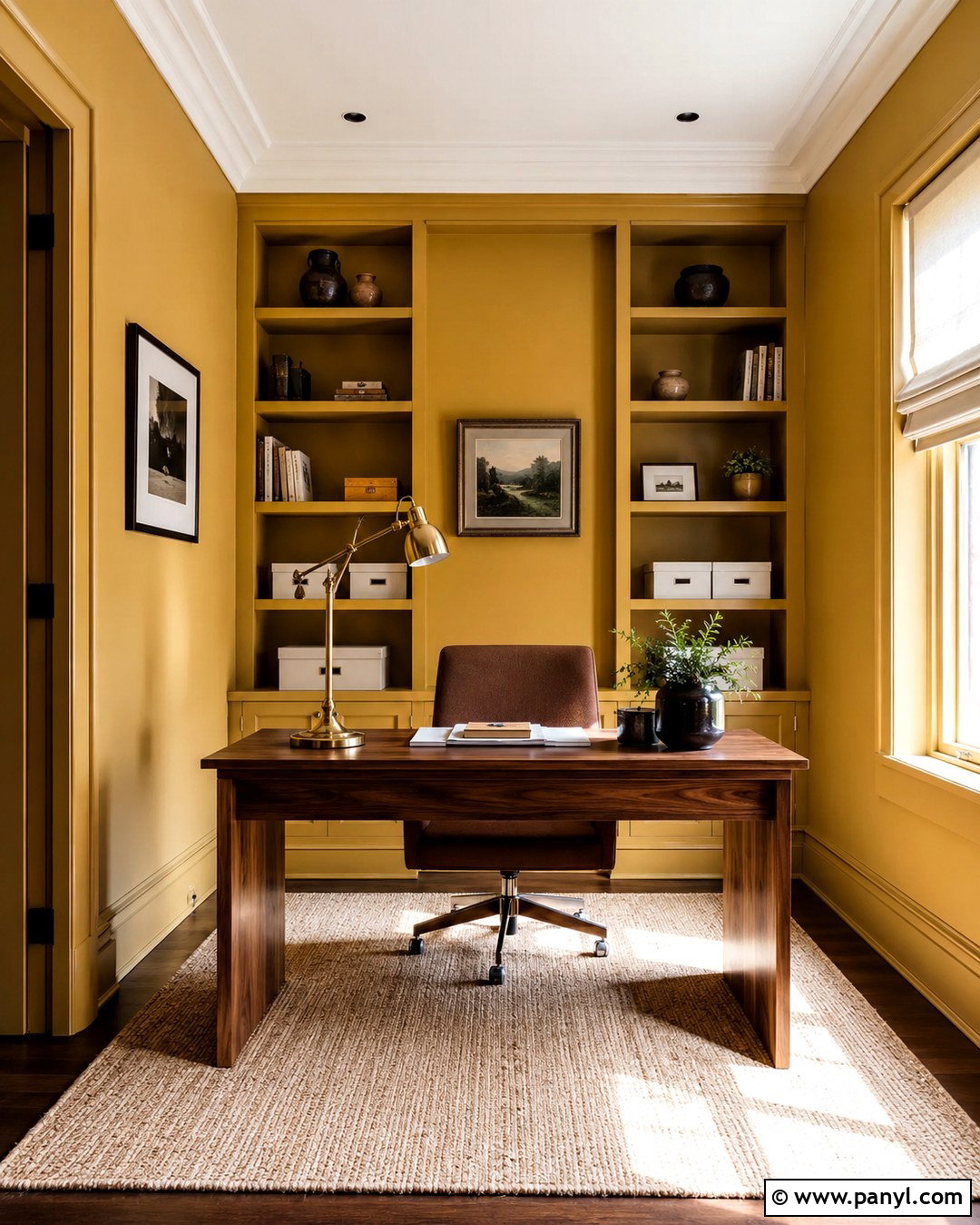 Dark Yellow Home Office With Built-In Shelves - 20 Dark Yellow Wall Paint Ideas