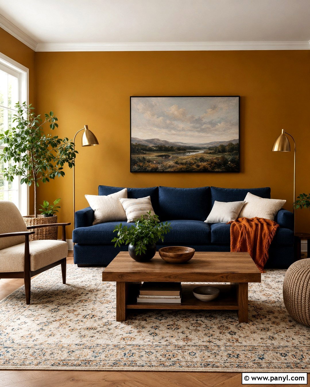 Dark Yellow Living Room With Navy Blue Sofa - 20 Dark Yellow Wall Paint Ideas