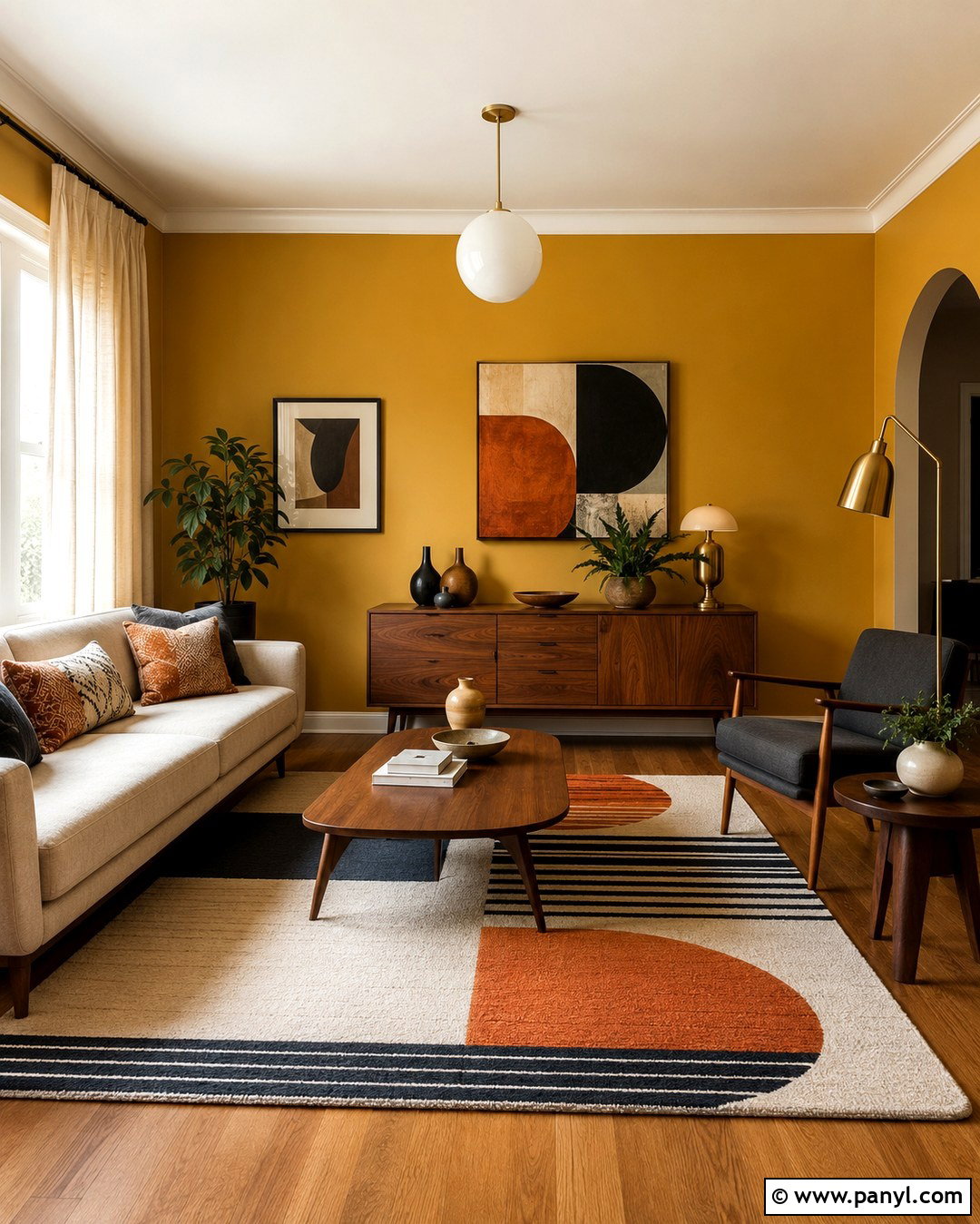 Dark Yellow Midcentury Modern Living Room - 20 Dark Yellow Wall Paint Ideas