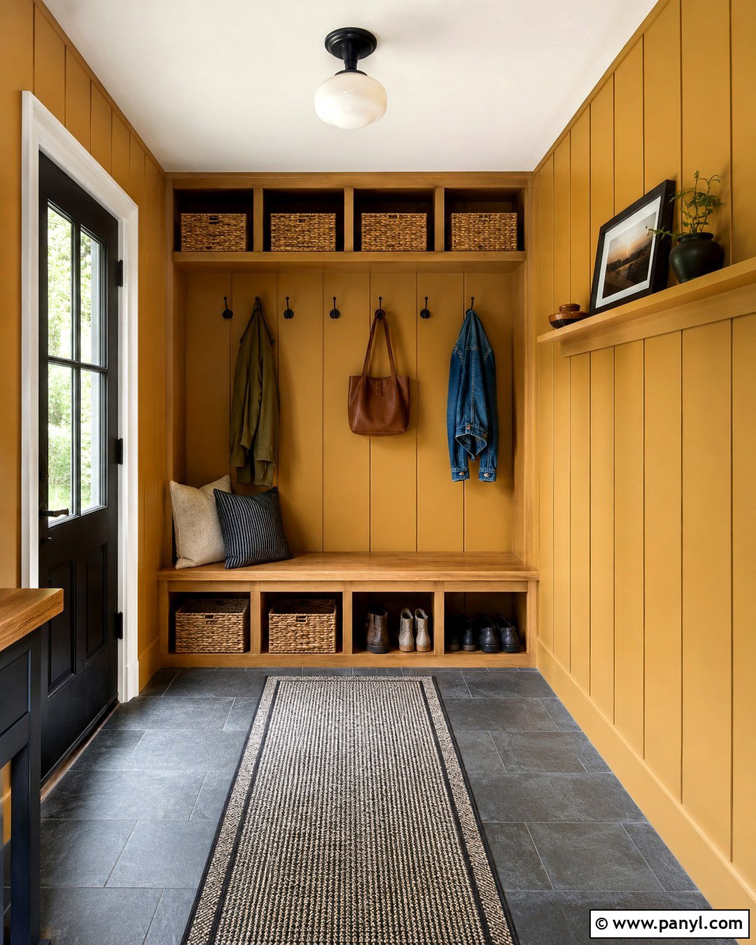 Dark Yellow Mudroom With Painted Paneling - 20 Dark Yellow Wall Paint Ideas
