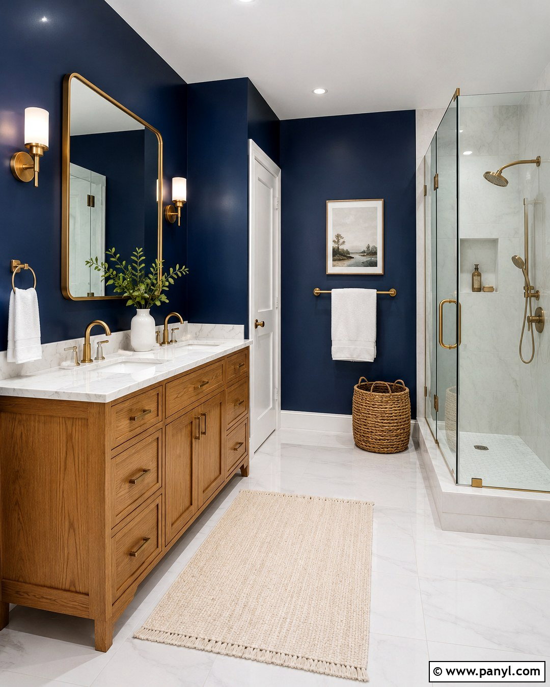 Deep Blue Bathroom With White Marble - 20 Deep Blue Wall Color Ideas