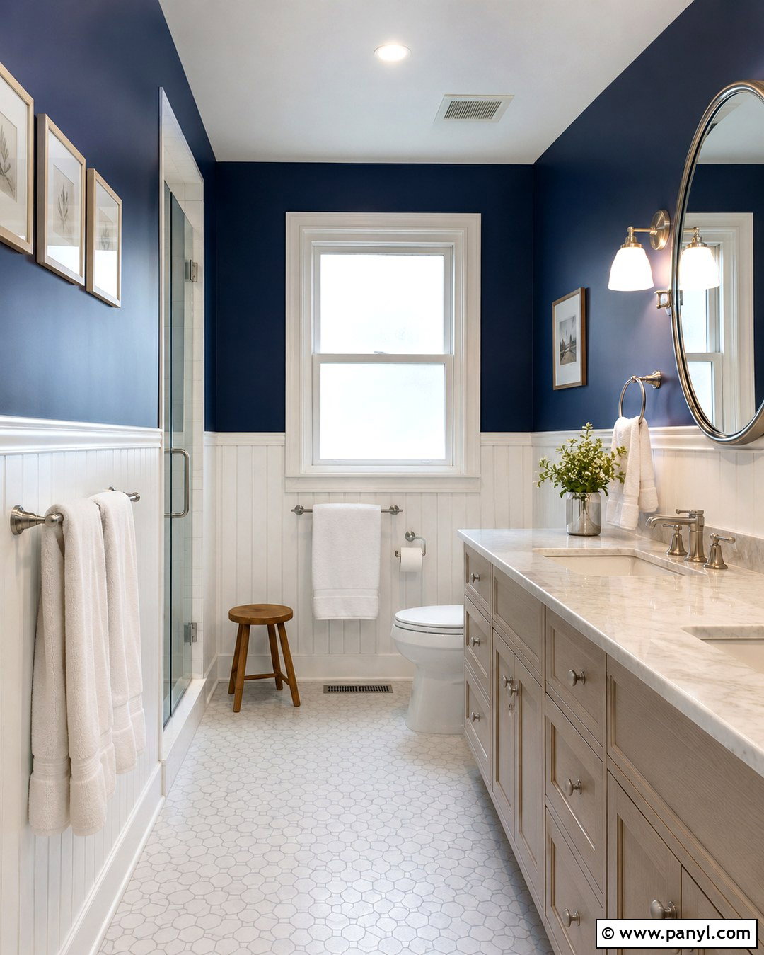 Deep Blue Bathroom With White Windows - 20 Dark Walls With White Windows
