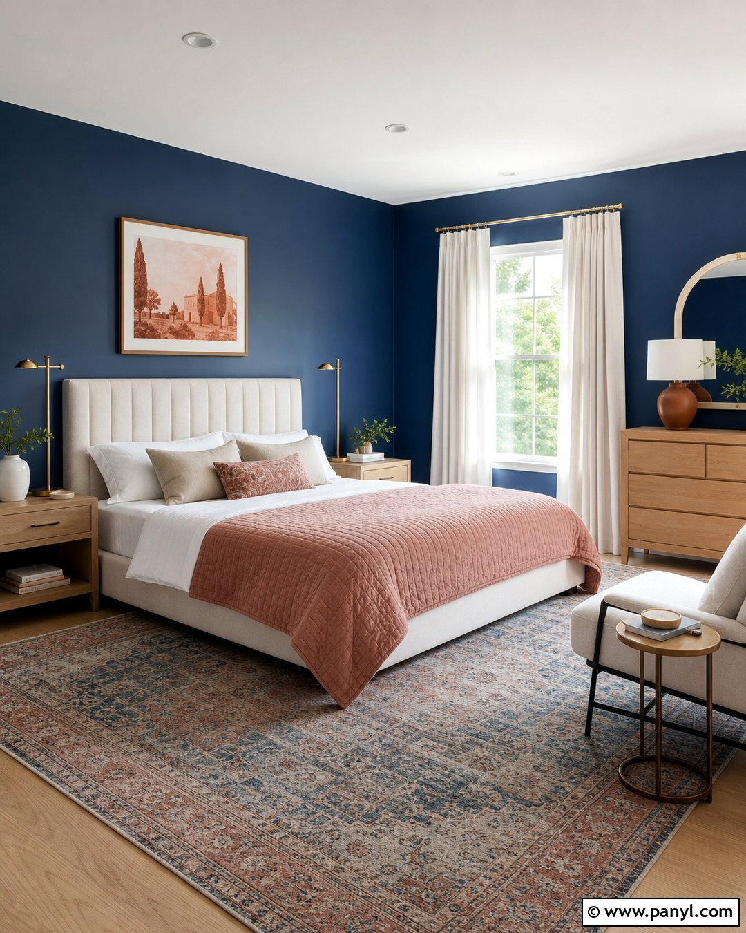 Deep Blue Bedroom With Blush Accents - 35 Deep Blue Walls
