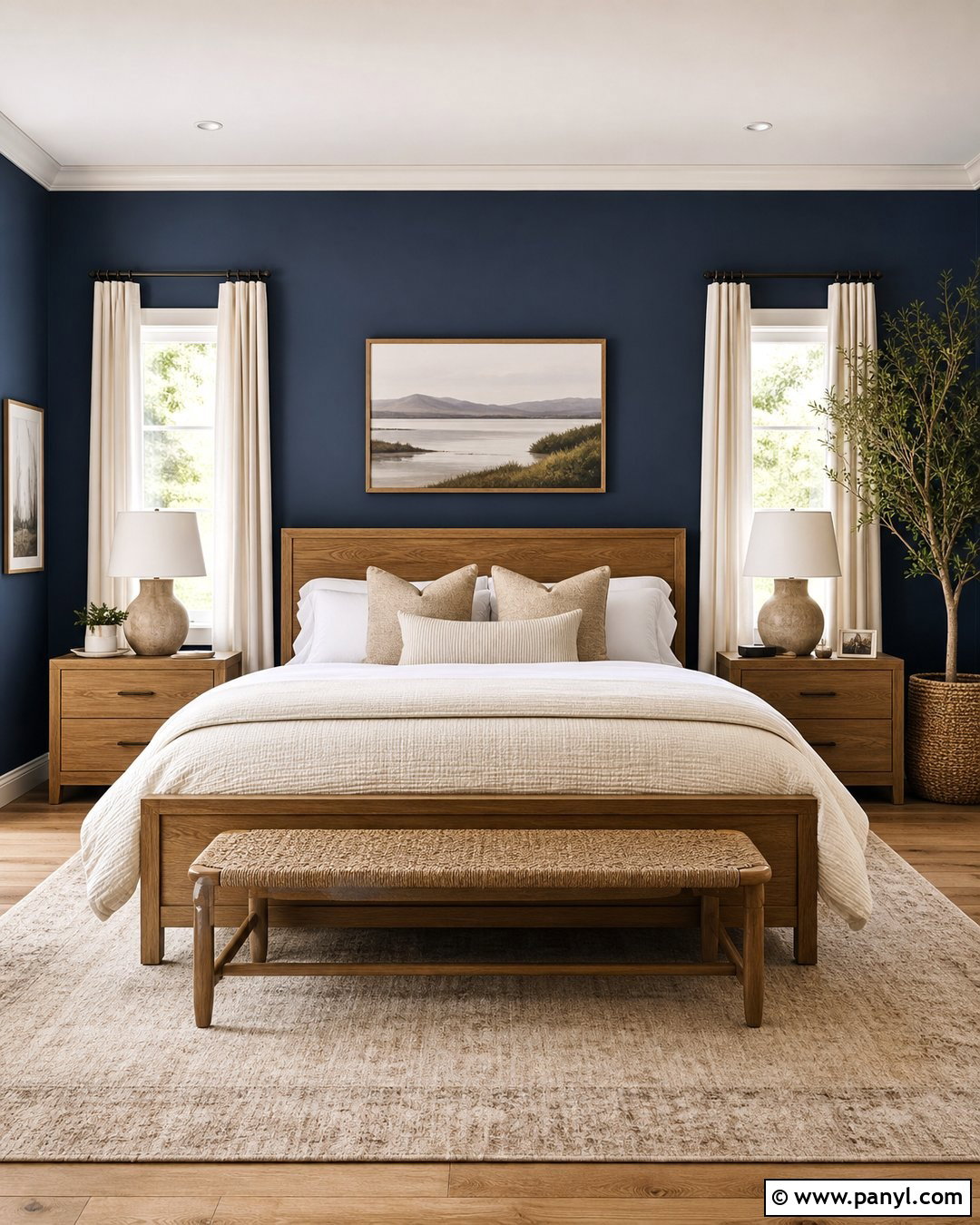 Deep Blue Bedroom With Cream Bedding - 35 Deep Blue Walls