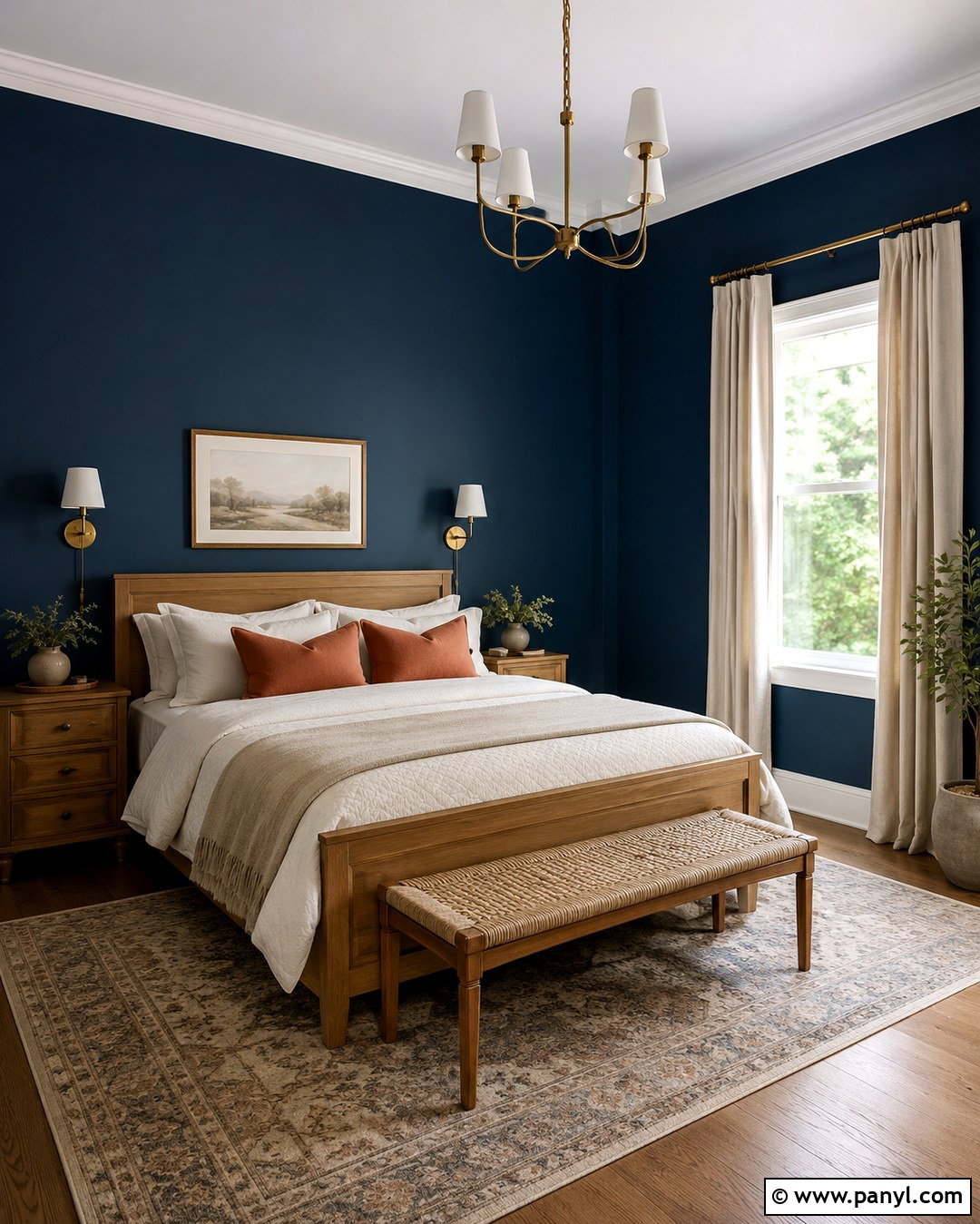 Deep Blue Bedroom With Warm Wood Furniture - 20 Deep Blue Wall Color Ideas