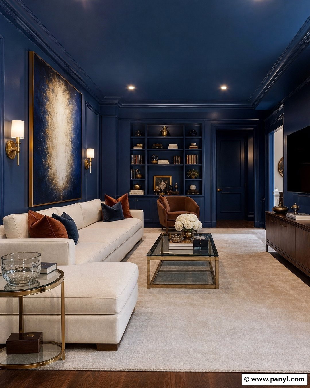 Deep Blue Color Drenched Living Room - 35 Deep Blue Walls