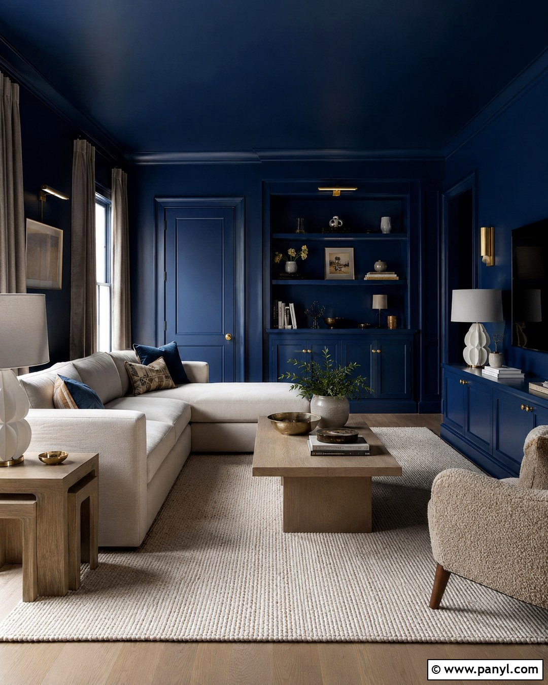 Deep Blue Color Drenched Living Room - 20 Deep Blue Walls Living Room Ideas