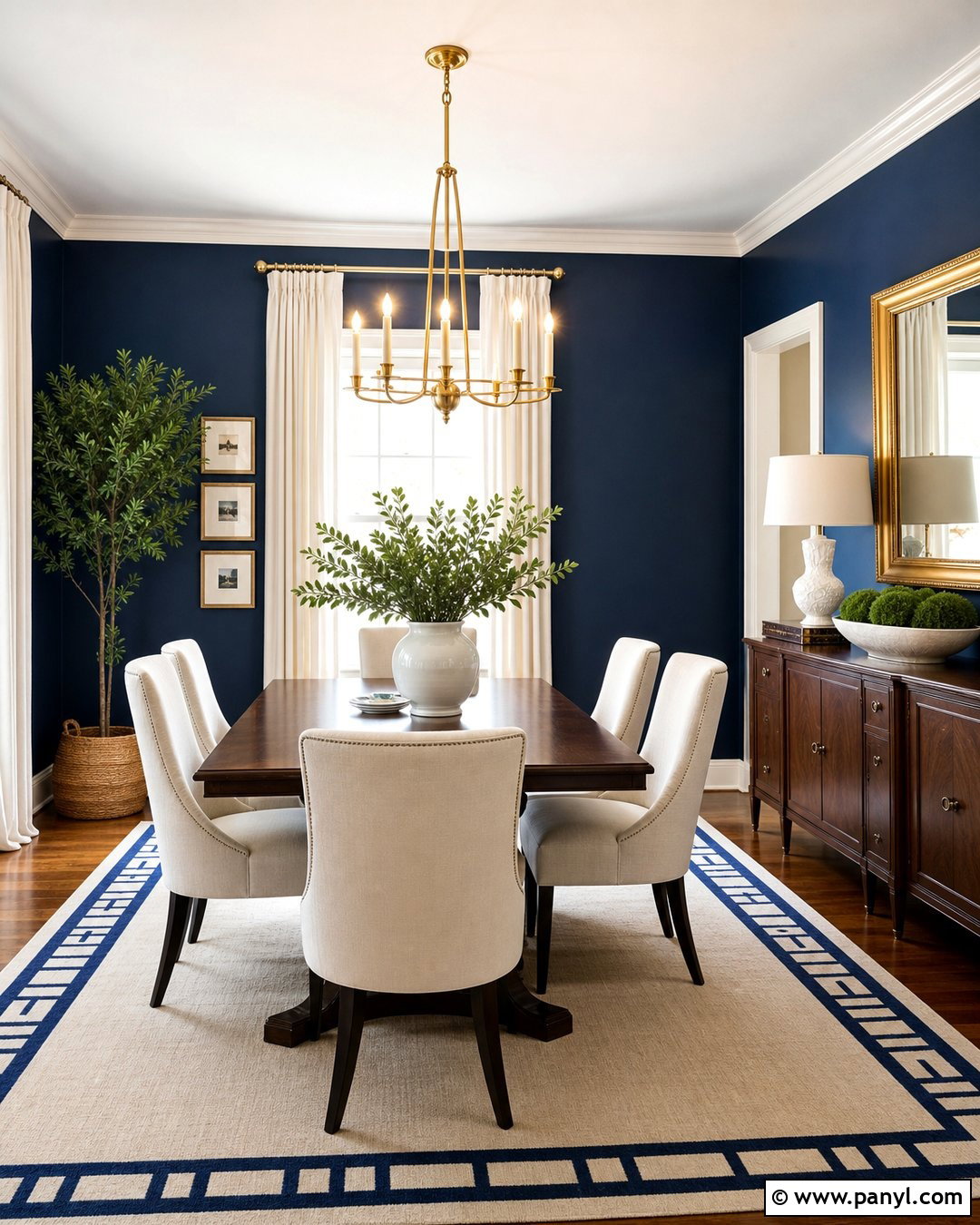 Deep Blue Dining Room With Brass Accents - 35 Deep Blue Walls