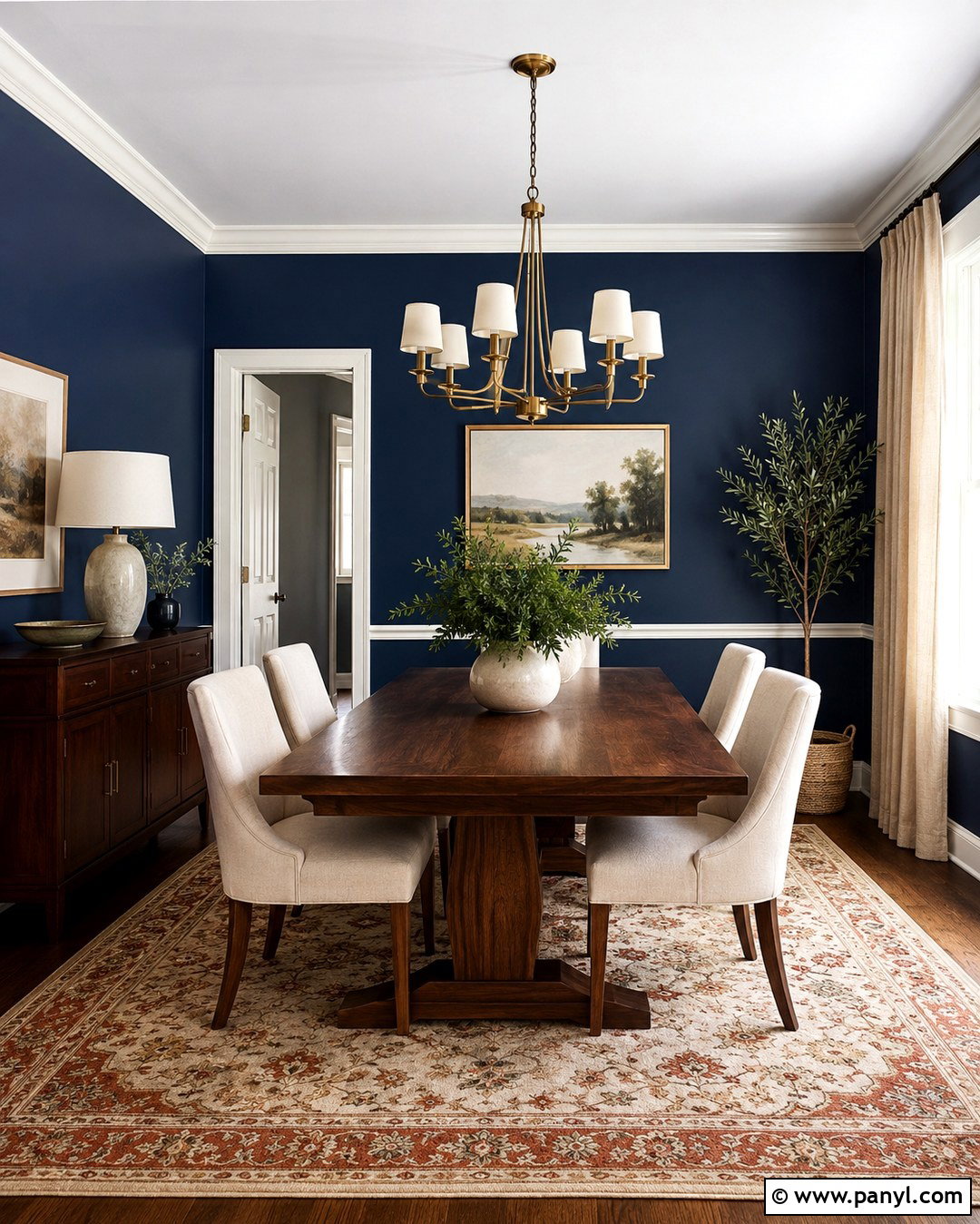 Deep Blue Dining Room With Brass Lighting - 20 Deep Blue Wall Color Ideas