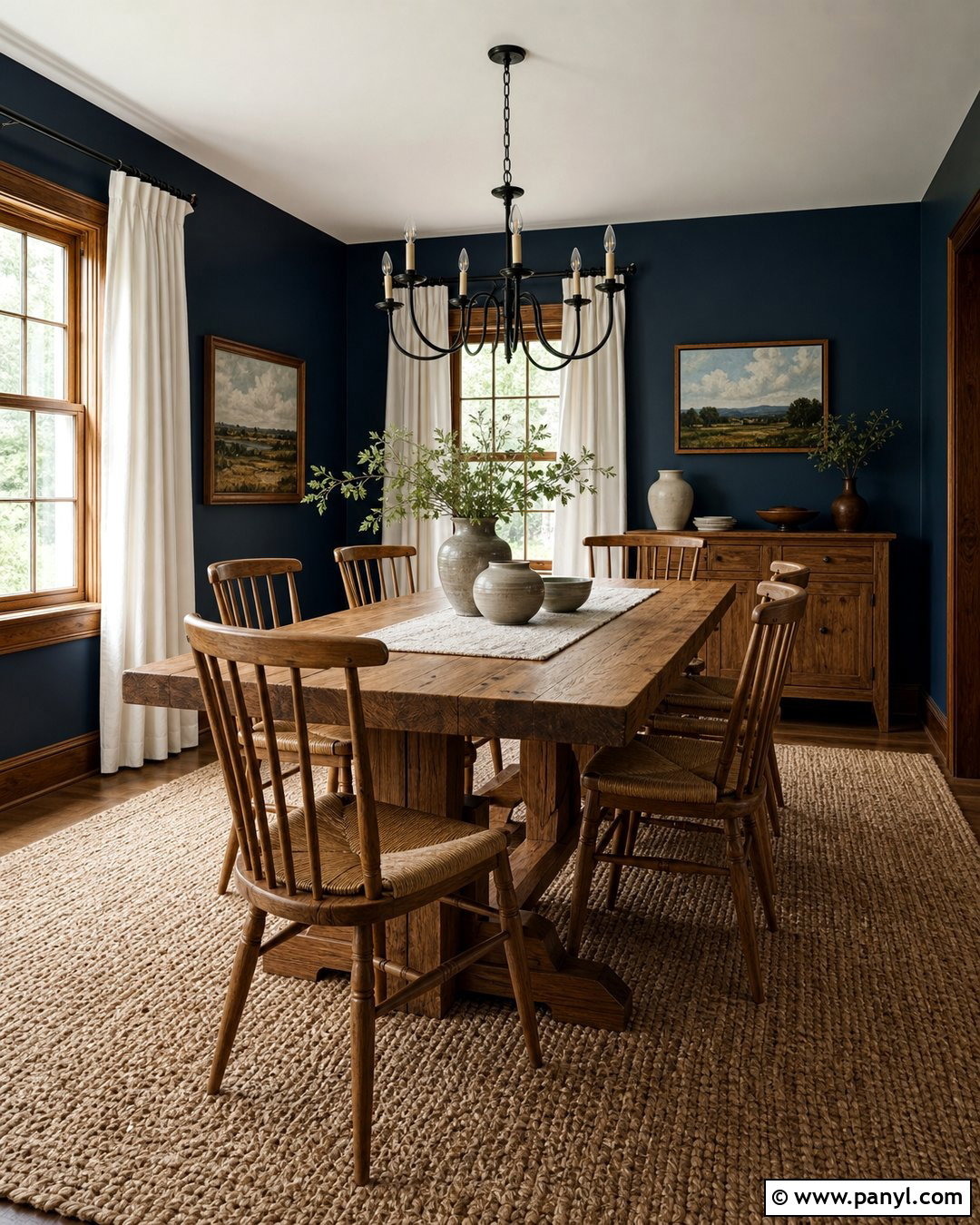 Deep Blue Dining Room With Natural Wood - 35 Deep Blue Walls