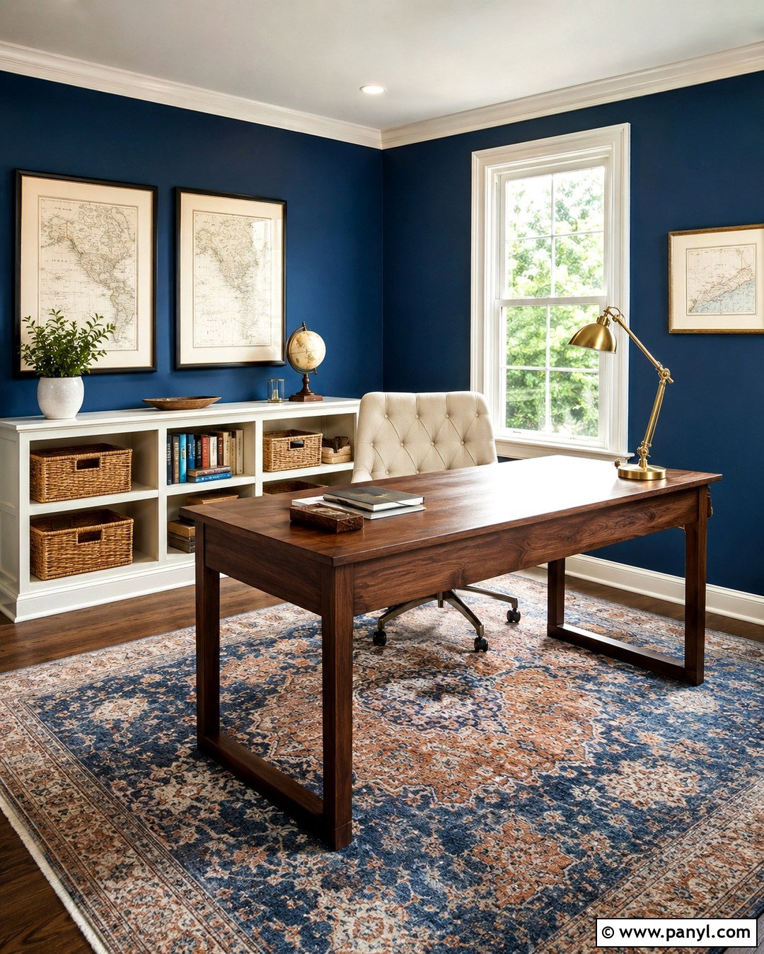 Deep Blue Home Office With White Trim - 20 Blue Wall White Trim Ideas