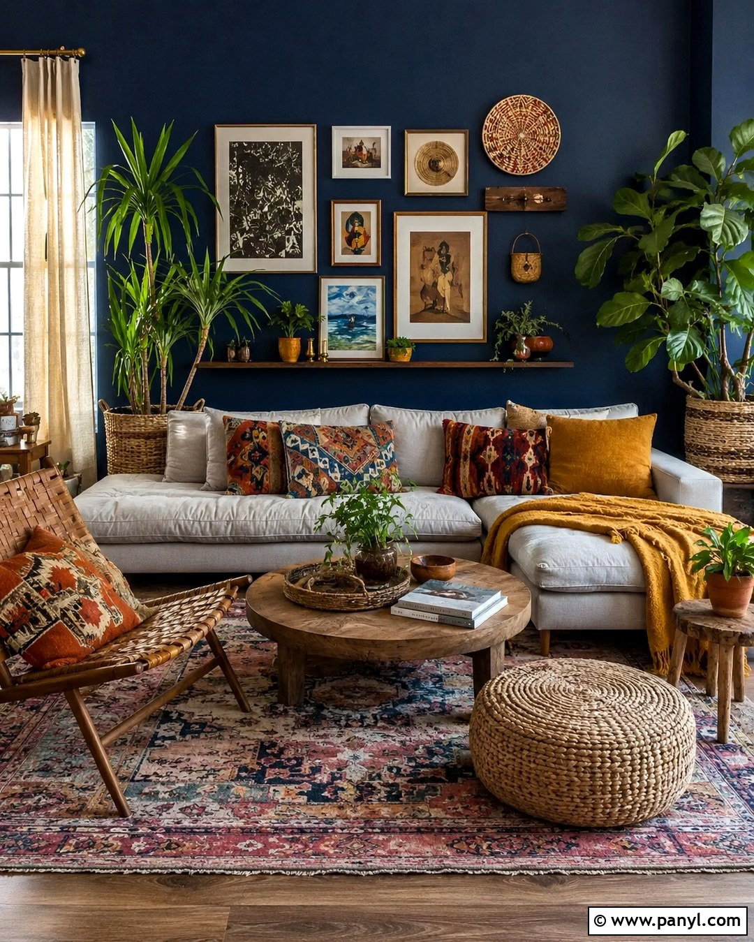 Deep Blue Living Room With Boho Decor - 20 Deep Blue Walls Living Room Ideas