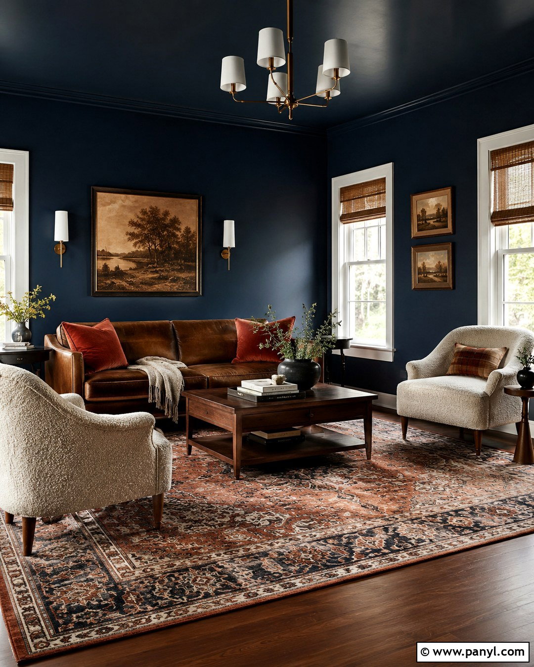 Deep Blue Living Room With Brown Leather Sofa - 20 Deep Blue Walls Living Room Ideas