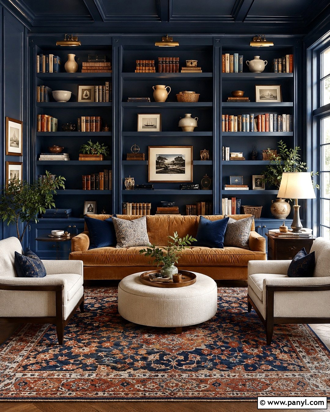 Deep Blue Living Room With Built-In Bookshelves - 20 Deep Blue Walls Living Room Ideas