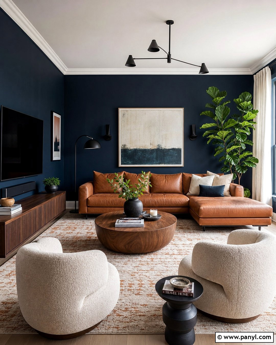 Deep Blue Living Room With Cognac Leather - 35 Deep Blue Walls