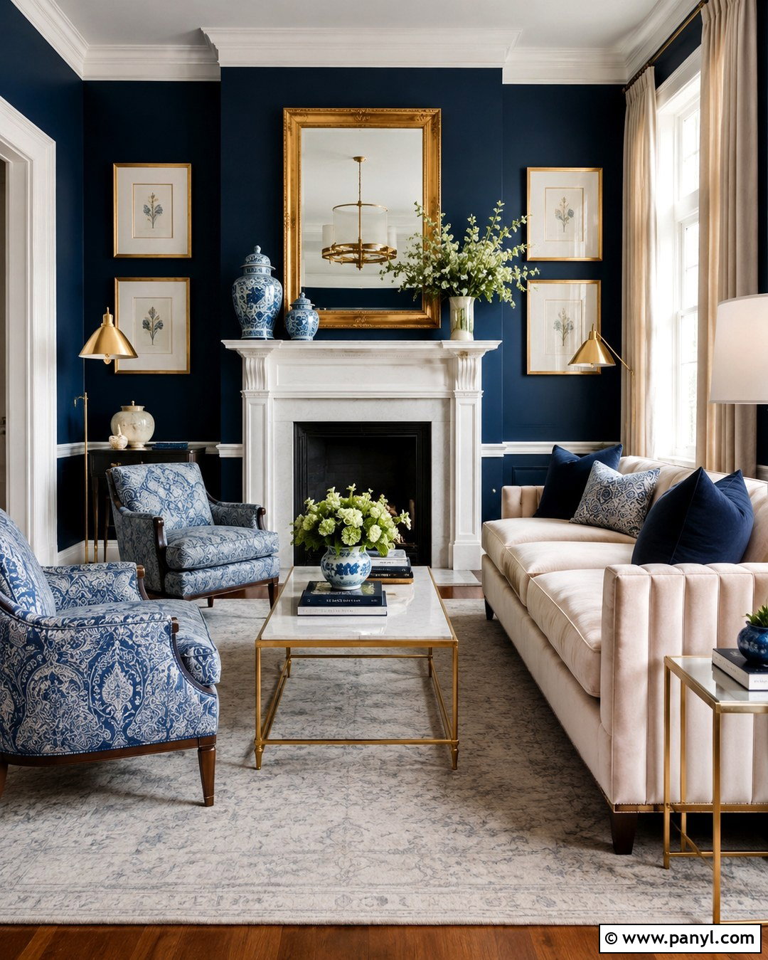 Deep Blue Living Room With Gold Accents - 20 Deep Blue Walls Living Room Ideas