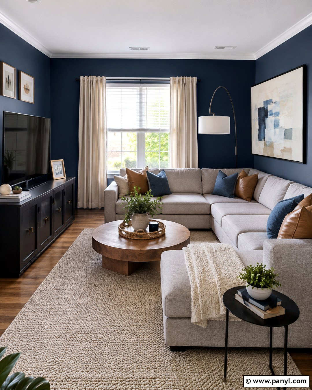 Deep Blue Living Room With Gray Sectional - 20 Deep Blue Walls Living Room Ideas