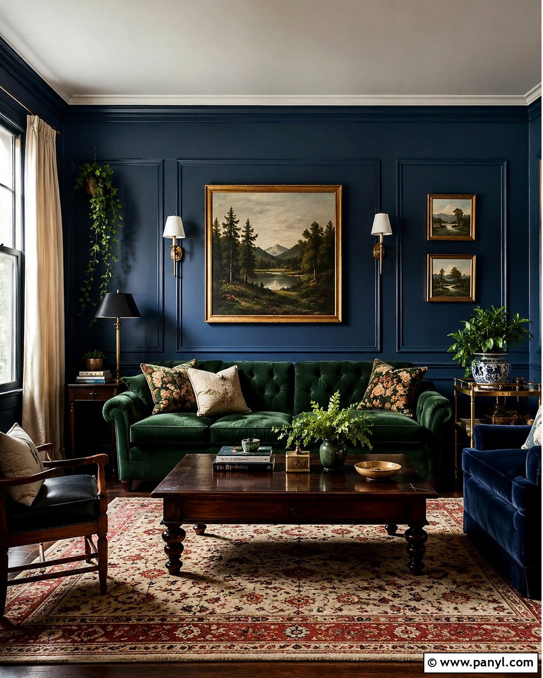 Deep Blue Living Room With Green Sofa - 20 Deep Blue Walls Living Room Ideas