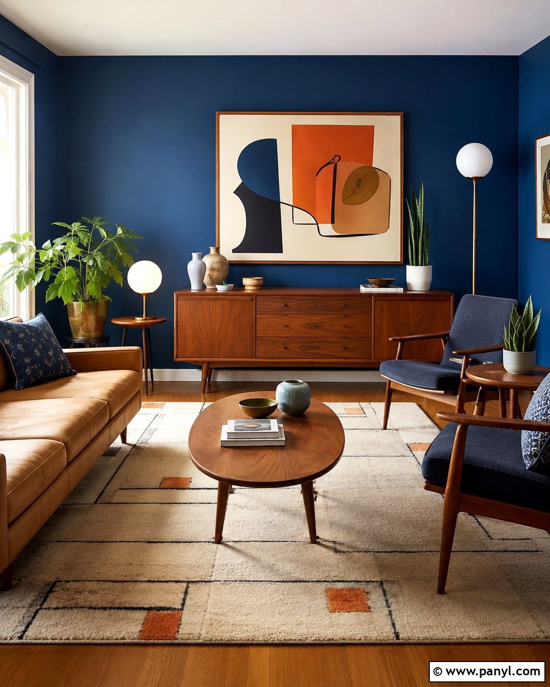 Deep Blue Living Room With Midcentury Furniture - 20 Deep Blue Walls Living Room Ideas