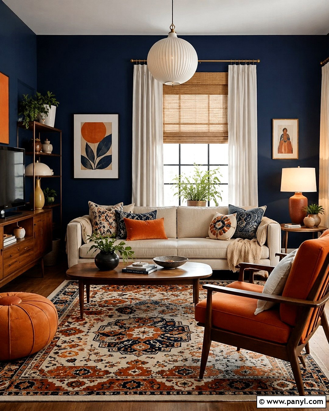 Deep Blue Living Room With Orange Accents - 20 Deep Blue Walls Living Room Ideas