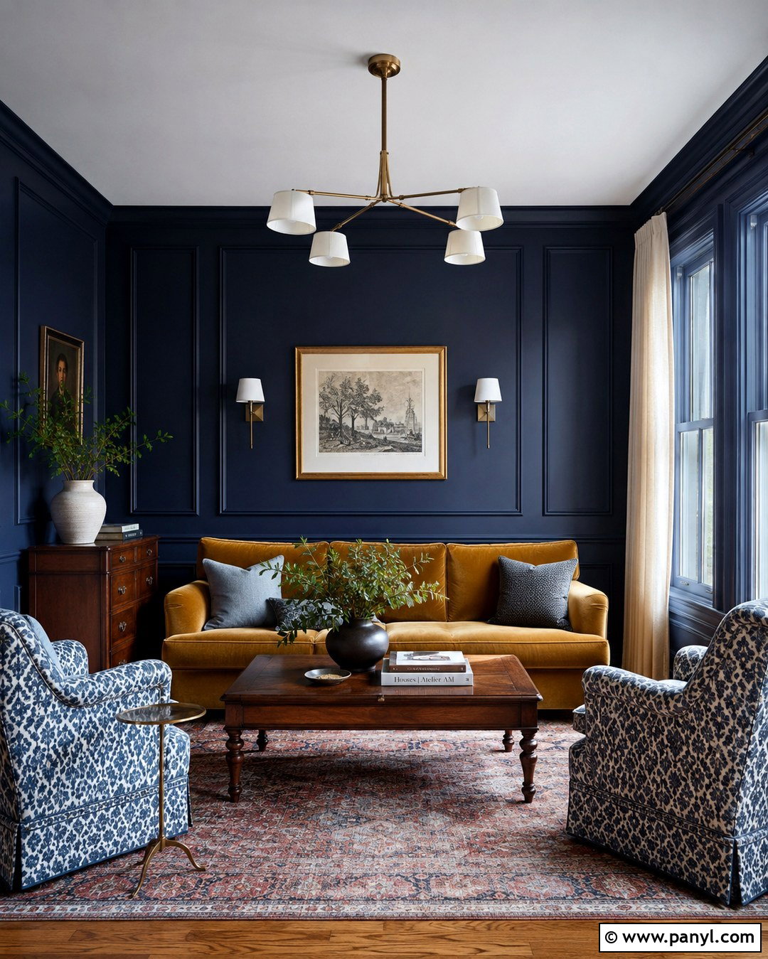 Deep Blue Living Room With Picture Frame Molding - 20 Deep Blue Walls Living Room Ideas