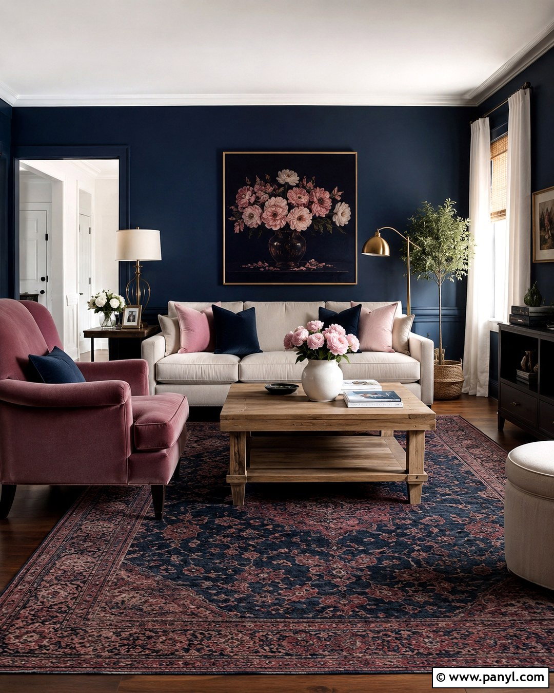 Deep Blue Living Room With Pink Accents - 20 Deep Blue Walls Living Room Ideas