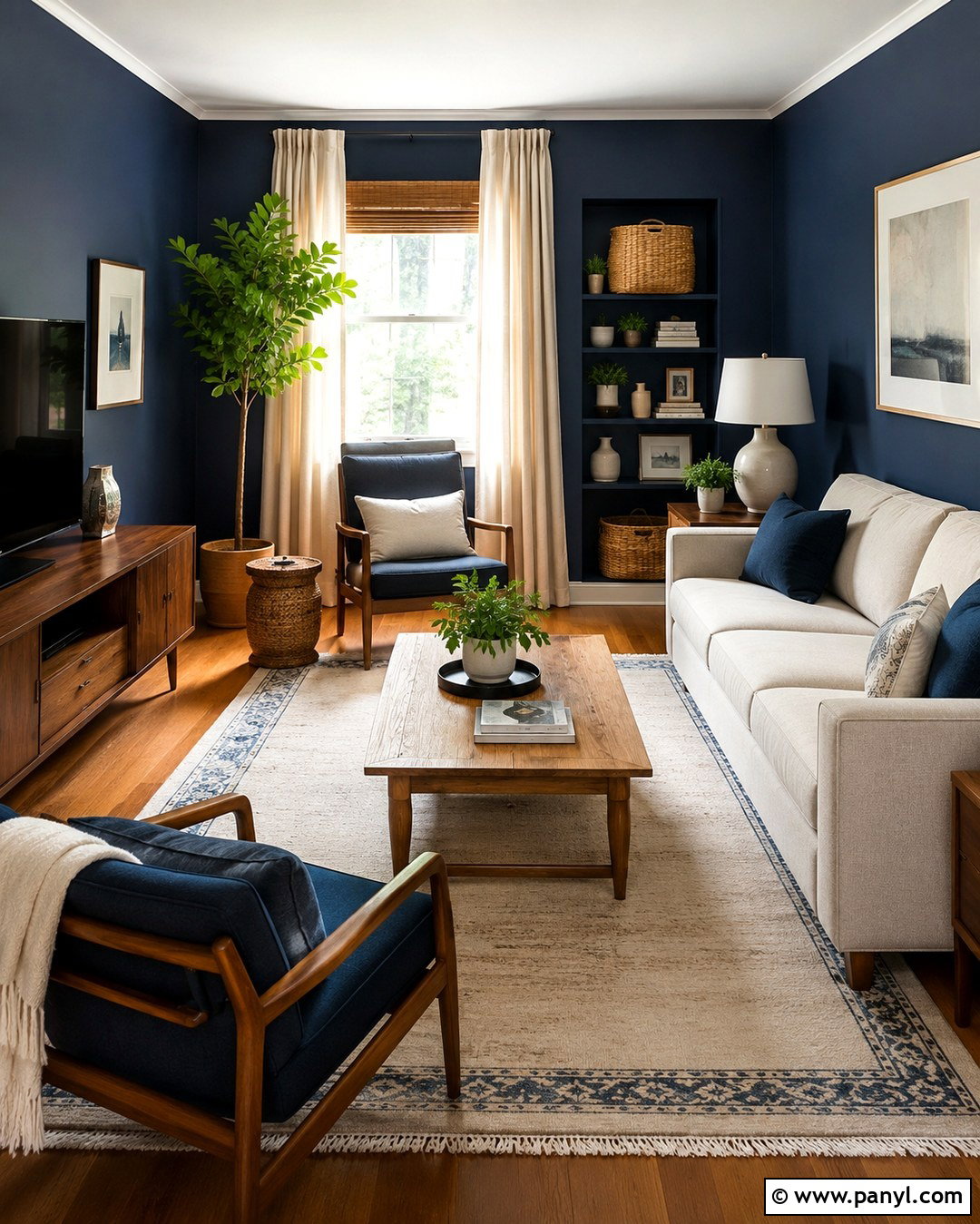 Deep Blue Living Room With Wood Furniture - 20 Deep Blue Walls Living Room Ideas
