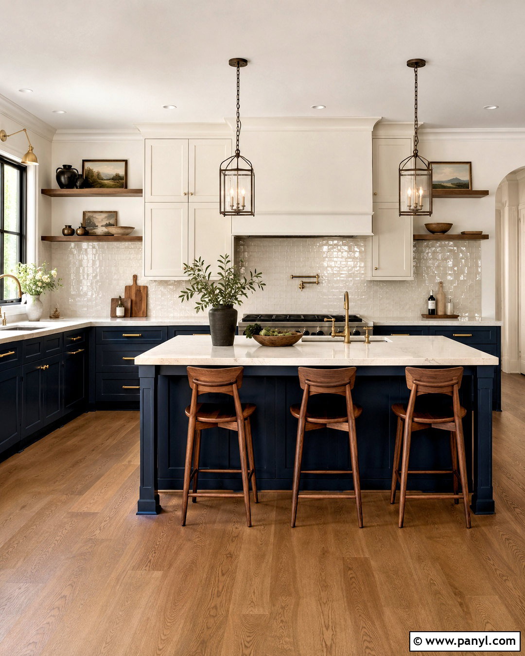 Deep Blue Lower Cabinets With Warm Wood - 20 blue lower cabinets white upper ideas
