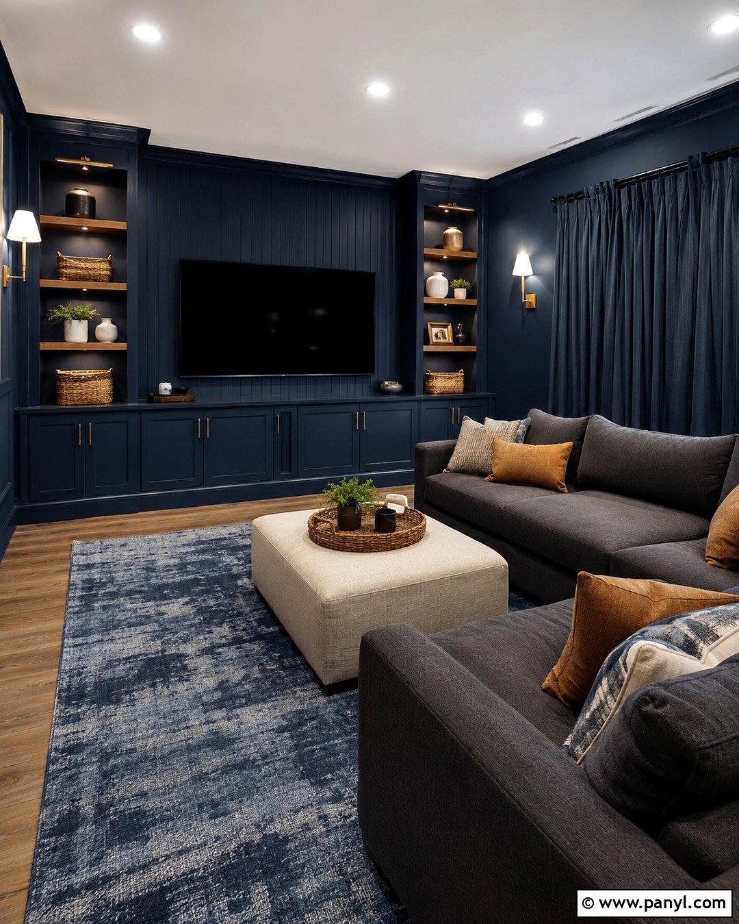 Deep Blue Media Room With Tonal Decor - 20 Deep Blue Wall Color Ideas