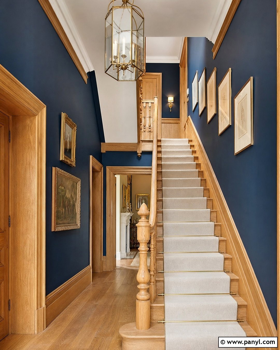 Deep Blue Staircase With Unpainted Woodwork - 20 Dark Walls Unpainted Woodwork Ideas